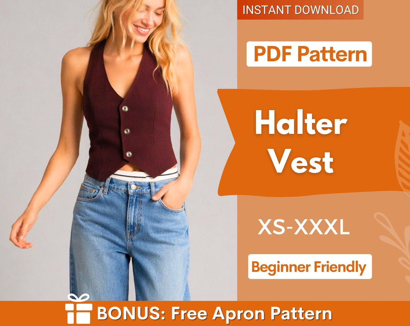 Halter Vest Sewing Pattern | Waistcoat Pattern | Women Sewing Pattern | Vest Pattern | Cropped Waistcoat Pattern | Beginner