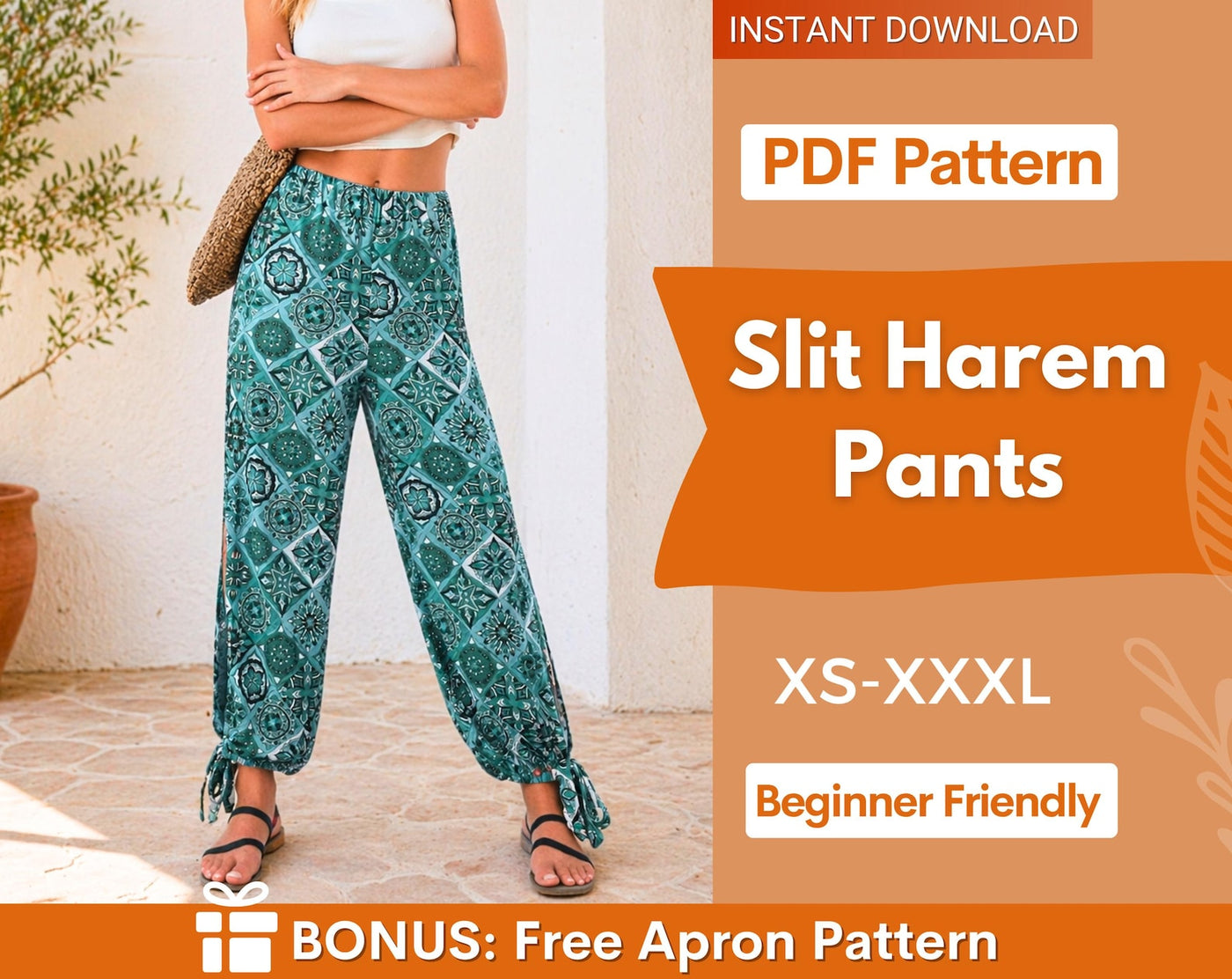 Pants Sewing Pattern | Slit Pants Pattern | Elastic Waistband Pants | Summer Pants Pattern | Beginner Sewing Patterns, Women