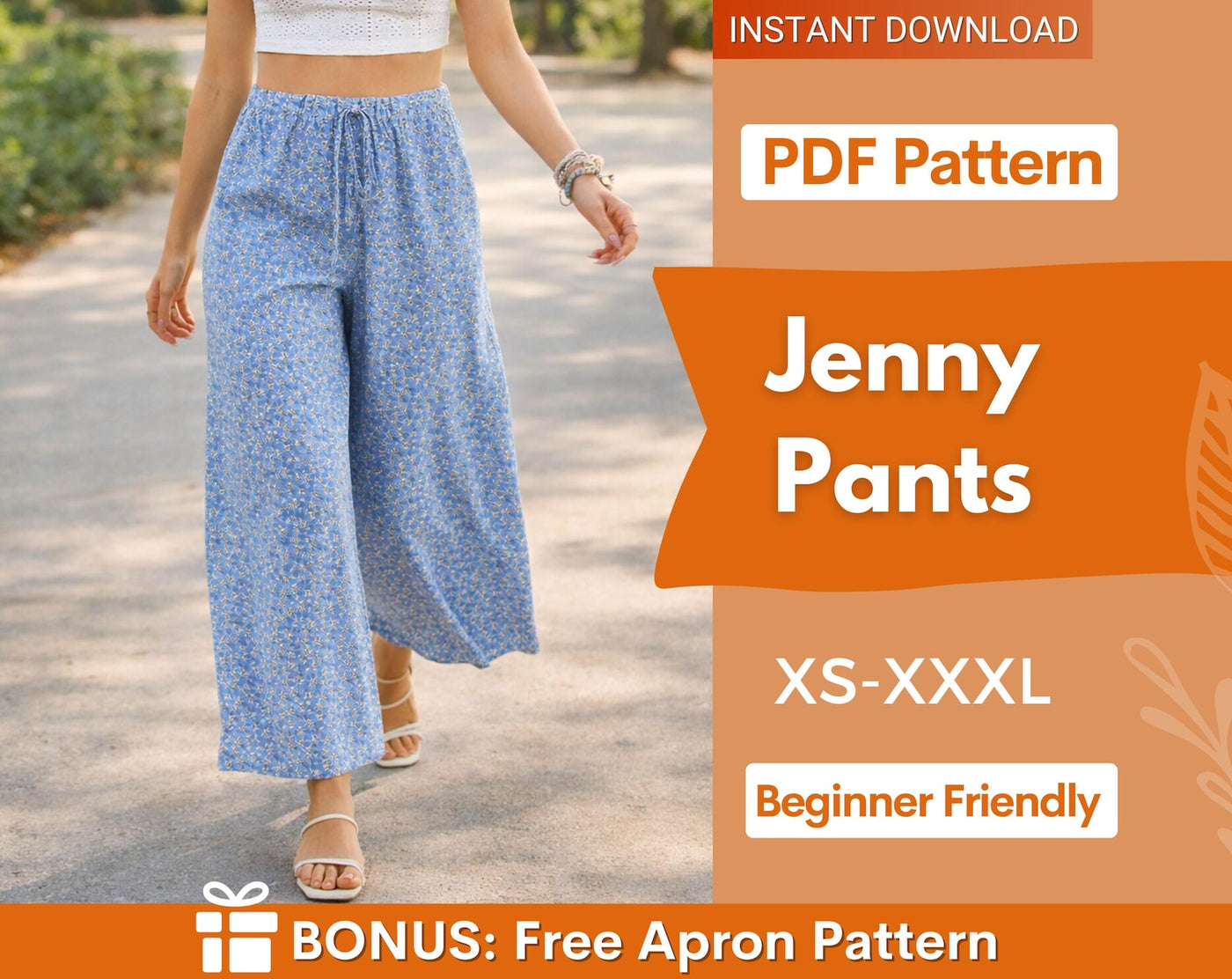 Summer Pants Pattern | Wide Leg Pants, Palazzo Pants Sewing Pattern, Elastic Waistband Wide Leg Pants Pants Pattern, Beginner
