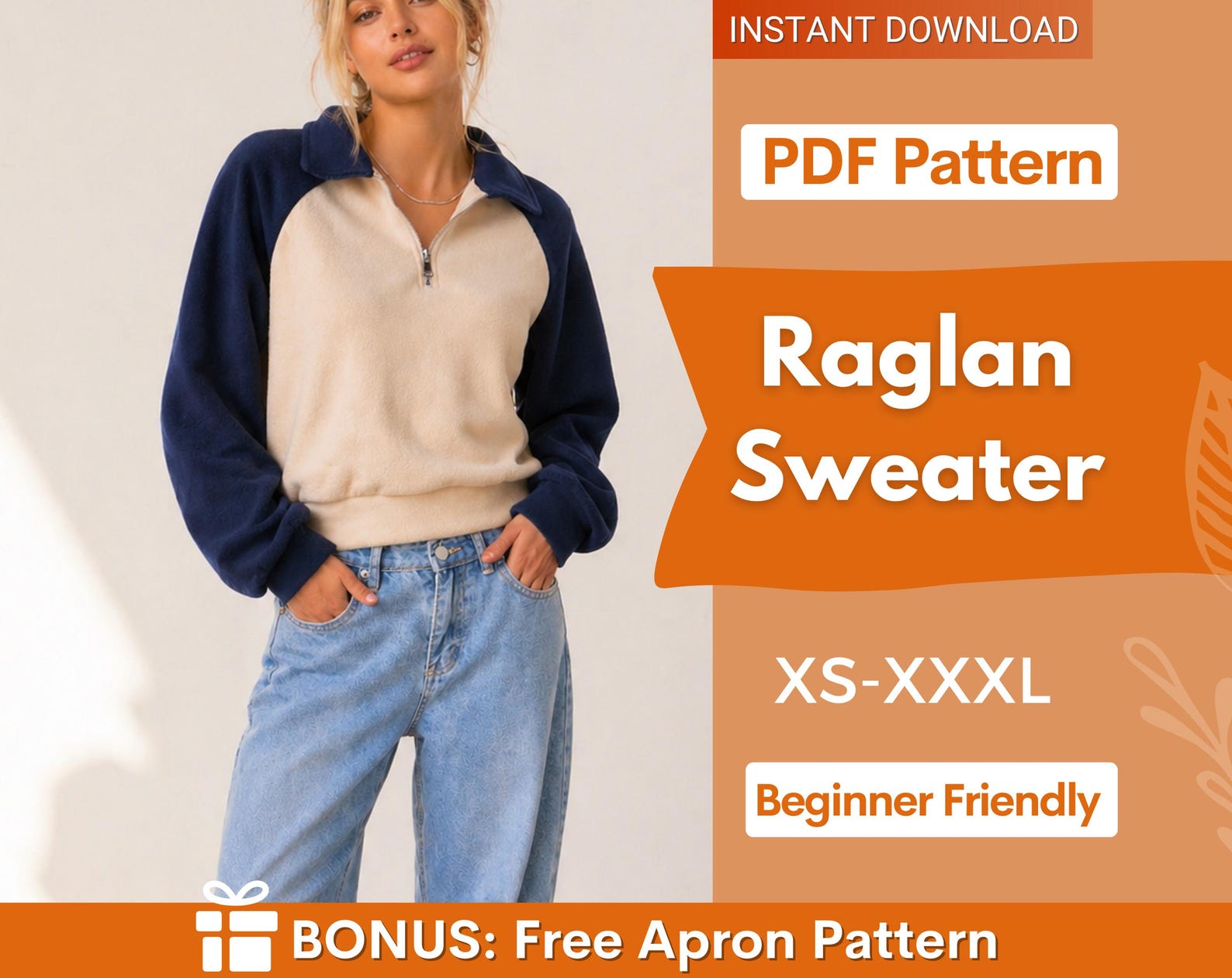 Raglan Sweatshirt Pattern, Women Sweater Pattern, Zip Up Sweater Pattern, Women Sewing Pattern, Beginner Sewing Pattern