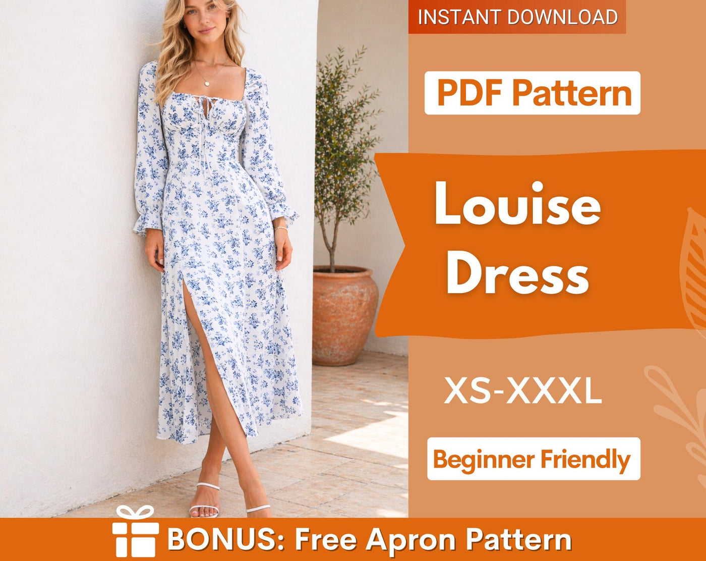 Louise Dress Sewing Pattern | Maxi Dress Pattern | Long Sleeved Dress | Women Dress Pattern | Sewing Patterns for Women Slit