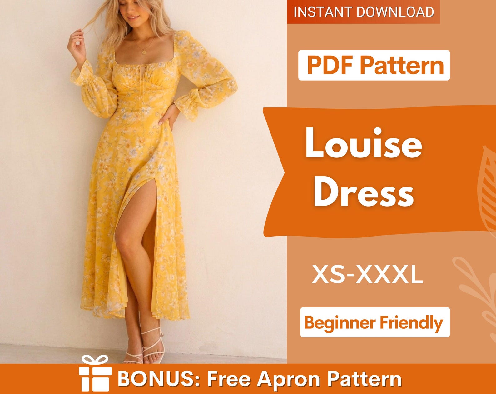 Louise Dress Sewing Pattern | Maxi Dress Pattern | Long Sleeved Dress | Women Dress Pattern | Sewing Patterns for Women Slit