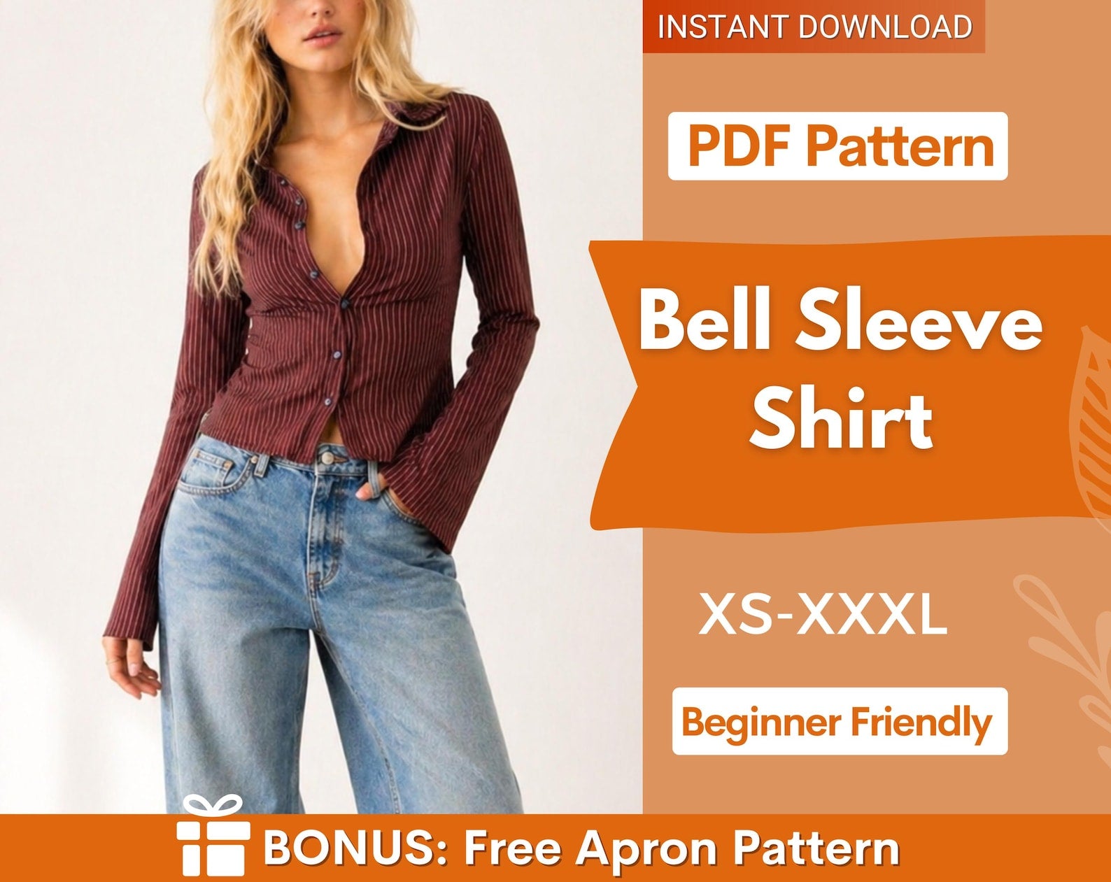 Fitted Bell Sleeve Shirt Pattern for Women, Flared Sleeves Shirt, Bell Sleeves Shirt Sewing Pattern, Button Up Shirt, Sewing