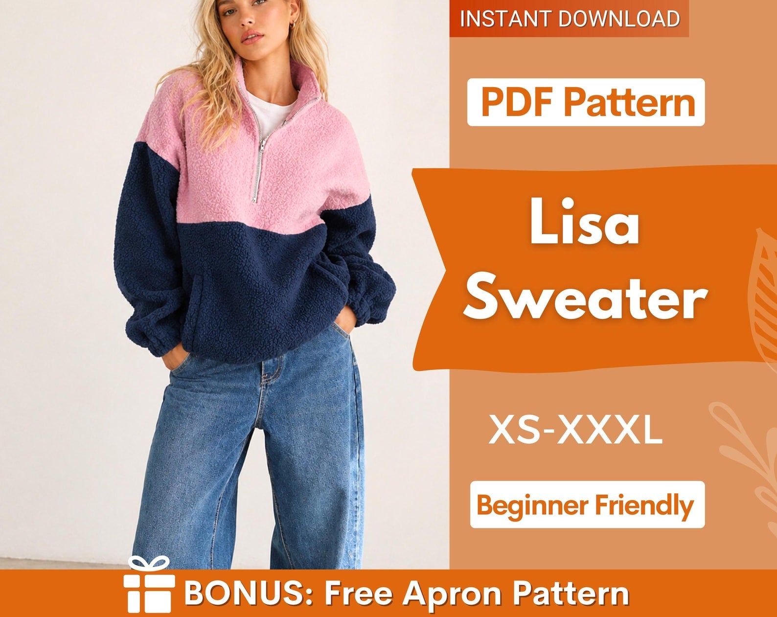 Zip Sweatshirt Pattern for Women, Women Sweater Pattern, Zip Up Sweater Pattern, Women Sewing Pattern, Beginner Sewing