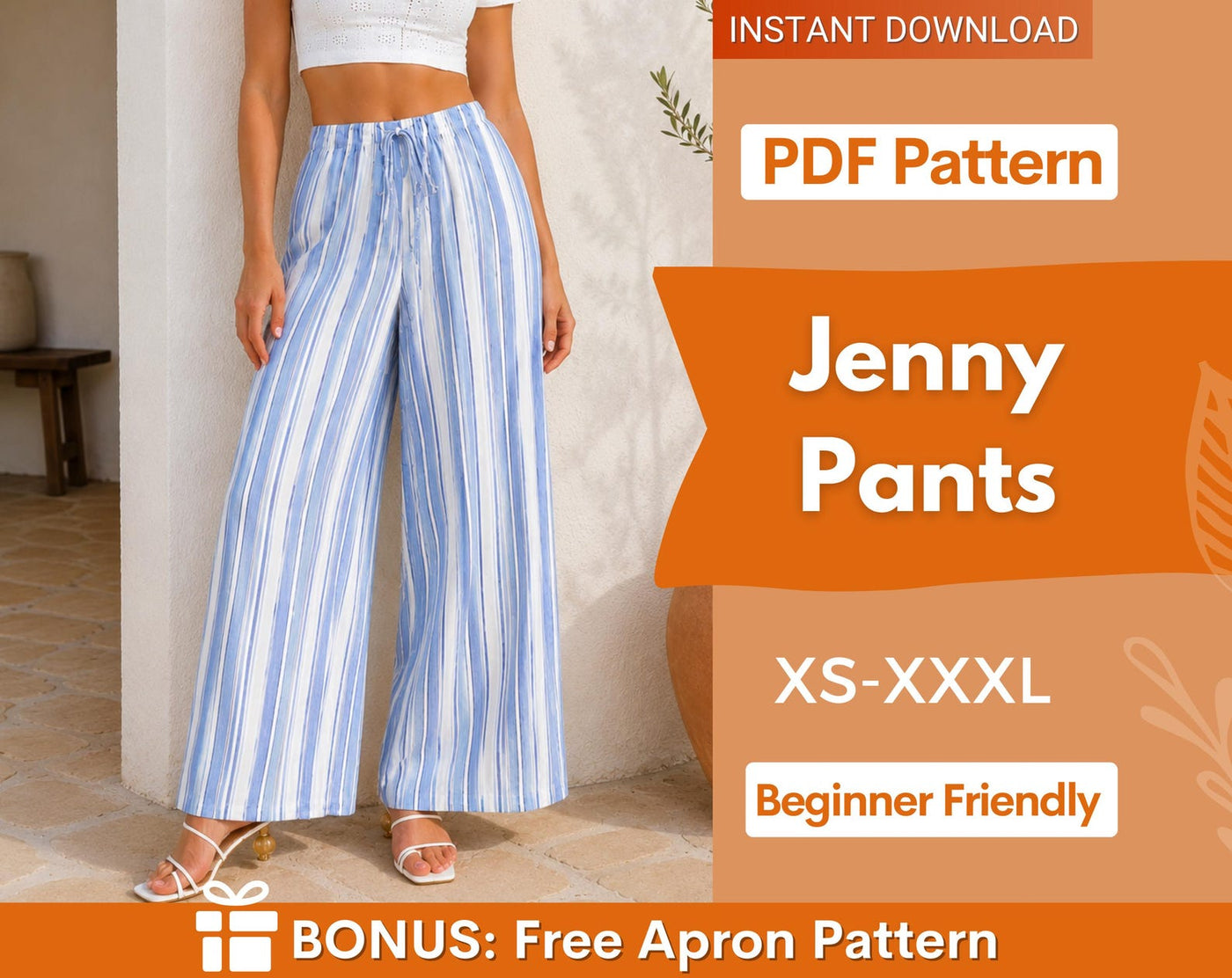Jenny Pants Sewing Pattern | Wide Leg Pants, Palazzo Pants Sewing Pattern, Elastic Waistband Wide Leg Pants Pants, Beginner