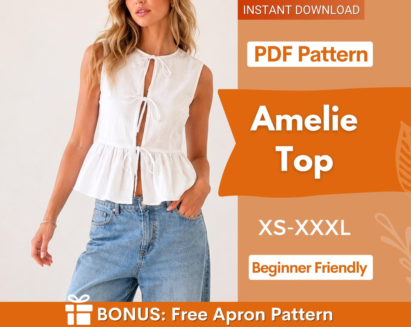 Amelie Top Sewing Pattern | Women Sewing Pattern | Blouse Pattern | Front Tie Top Pattern | Sewing Patterns for Beginner Top