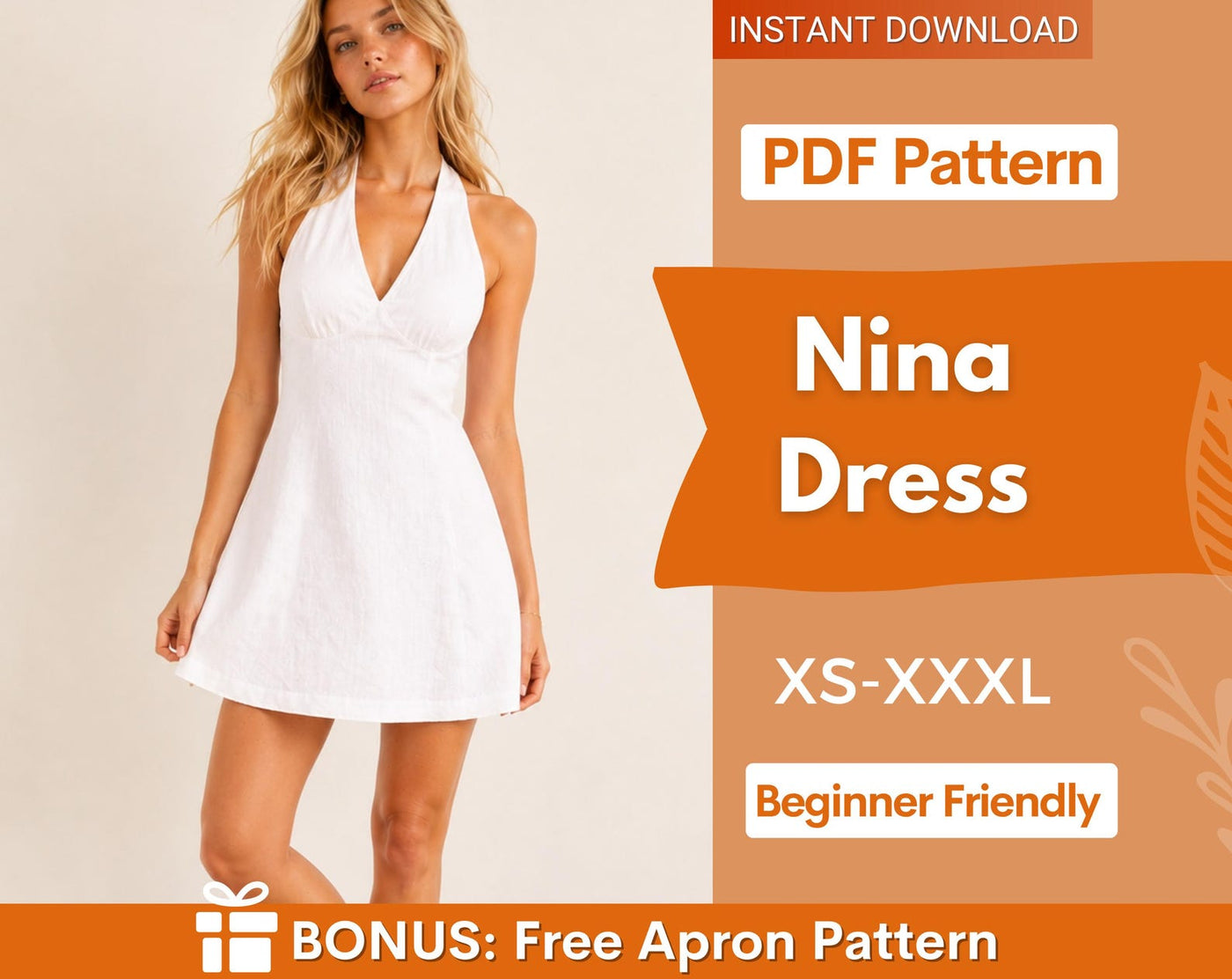 Halter Dress Sewing Pattern | XS- XXXL | Open back Dress Sewing Pattern | Back Tie Dress Pattern | Women Sewing Pattern, Prom