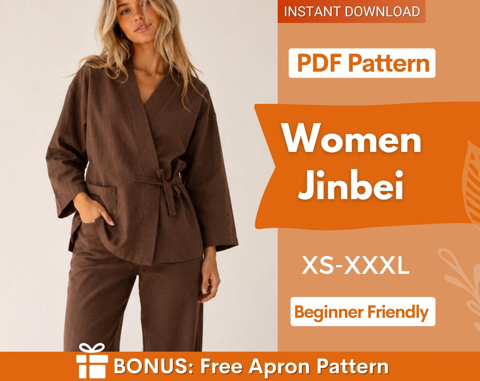 Jinbei Pattern, Kimono Sewing Pattern, Sewing Pattern for Women, Women Shirt Pattern, Robe Pattern