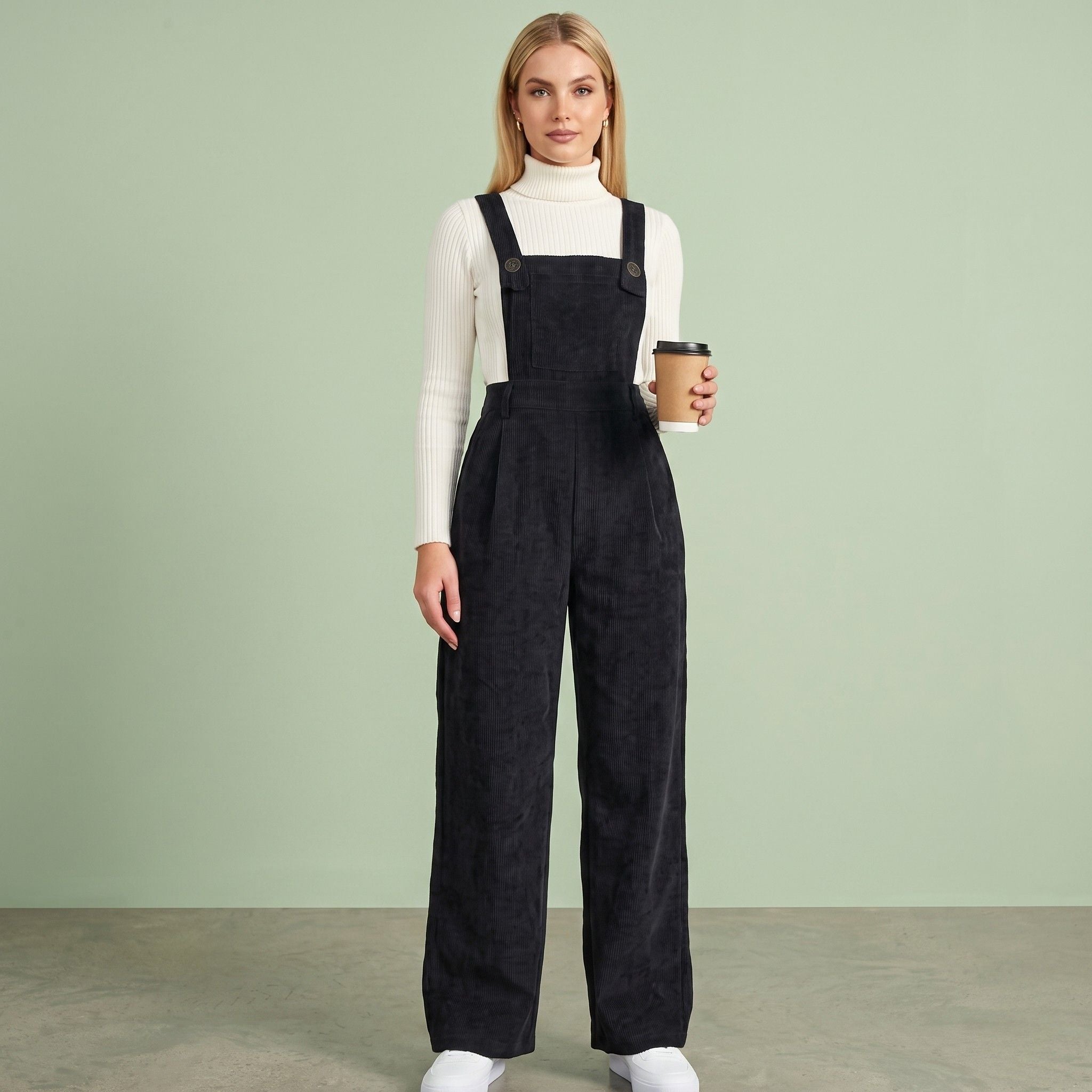 Digital Sewing Pattern for Women's Winter Corduroy Wide Leg Overalls - Button Strap High Waist Jumpsuit Style