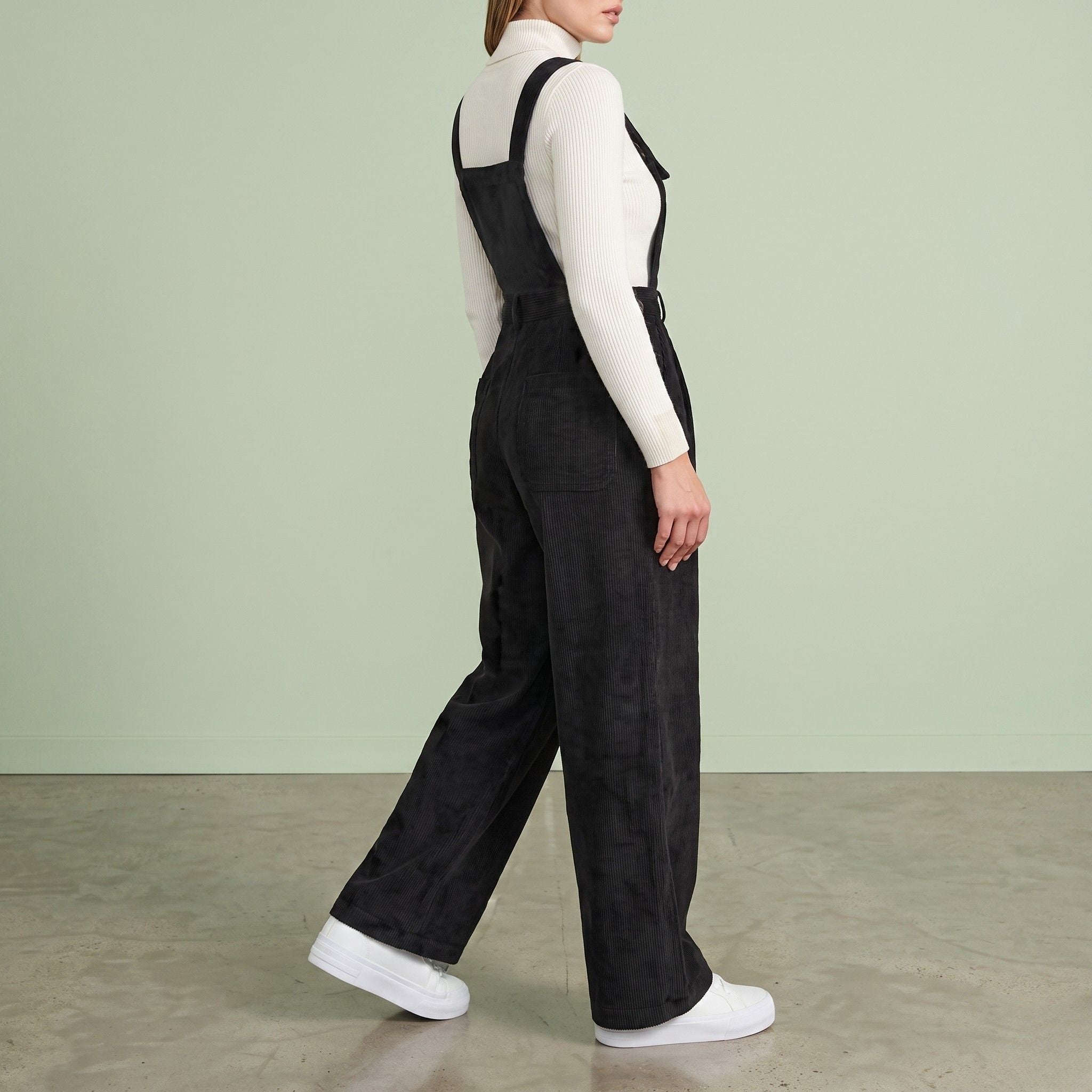 Digital Sewing Pattern for Women's Winter Corduroy Wide Leg Overalls - Button Strap High Waist Jumpsuit Style