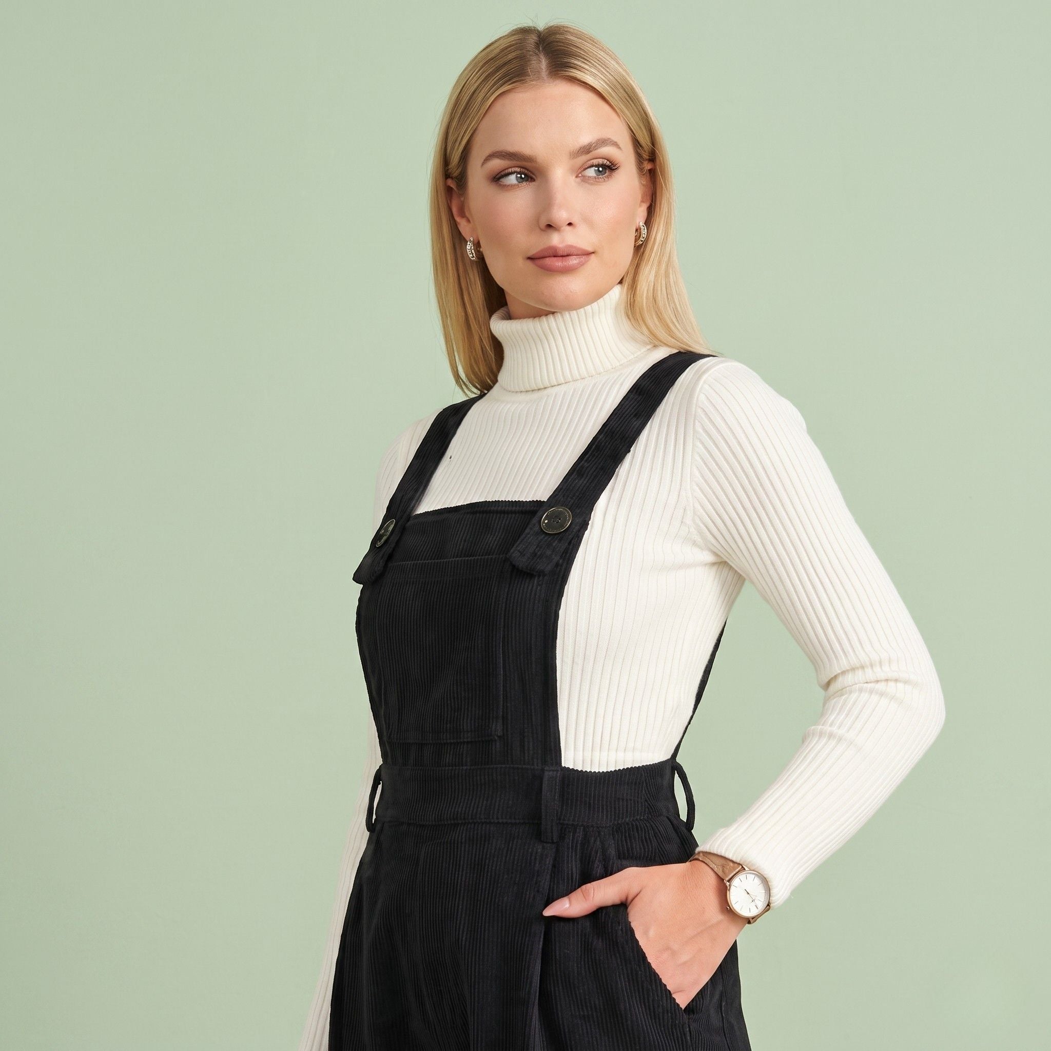 Digital Sewing Pattern for Women's Winter Corduroy Wide Leg Overalls - Button Strap High Waist Jumpsuit Style