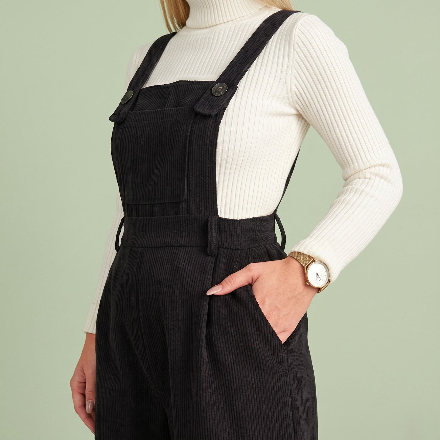 Digital Sewing Pattern for Women's Winter Corduroy Wide Leg Overalls - Button Strap High Waist Jumpsuit Style
