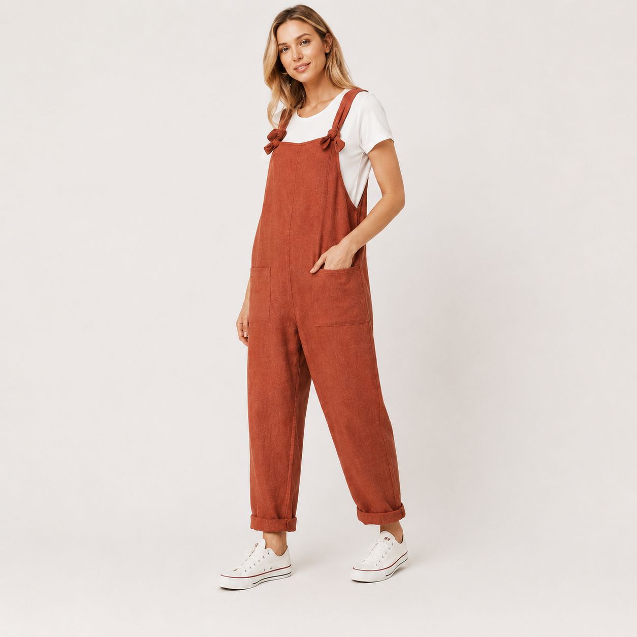 Digital Sewing Pattern for Women's Knot-Strap Relaxed Overalls - Cuffed Ankle Jumpsuit Style