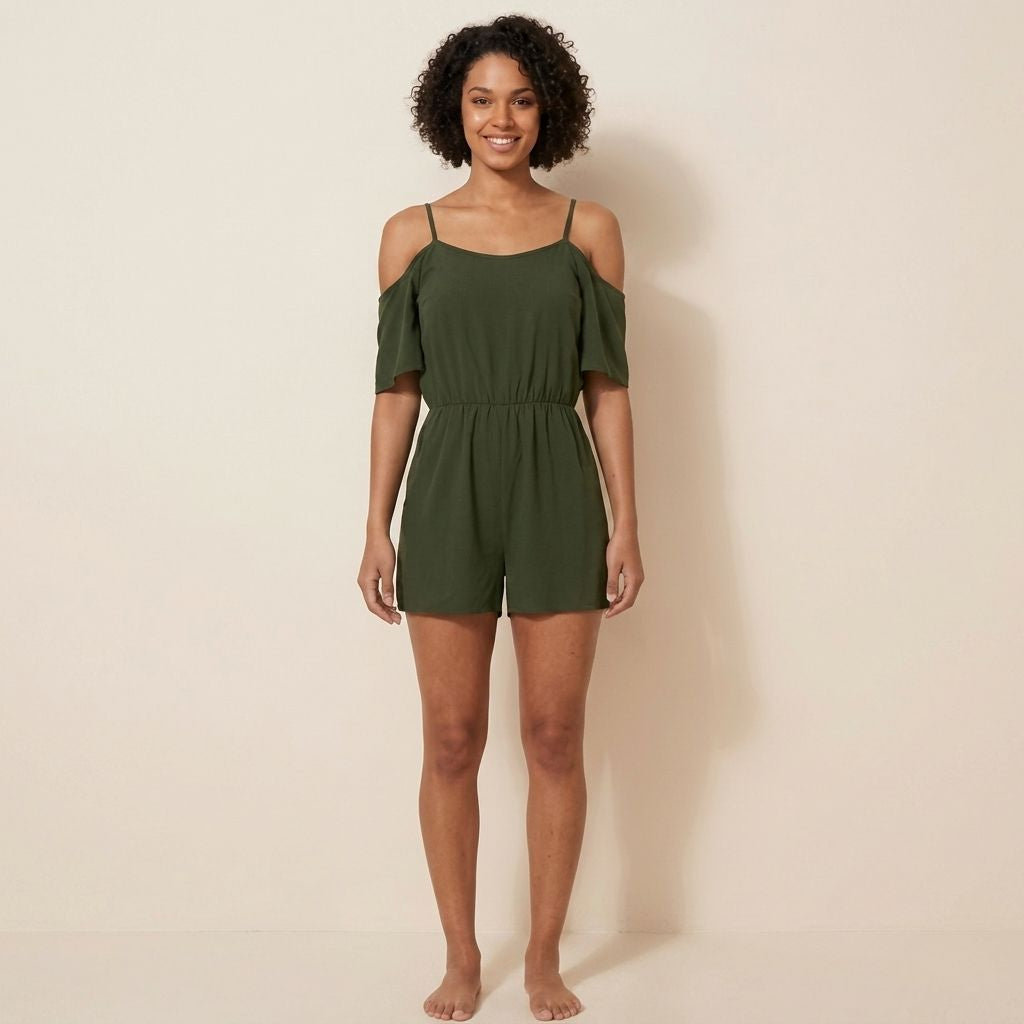 Digital Sewing Pattern for Women's Summer Cold Shoulder Romper - Spaghetti Strap Flutter Sleeve Style