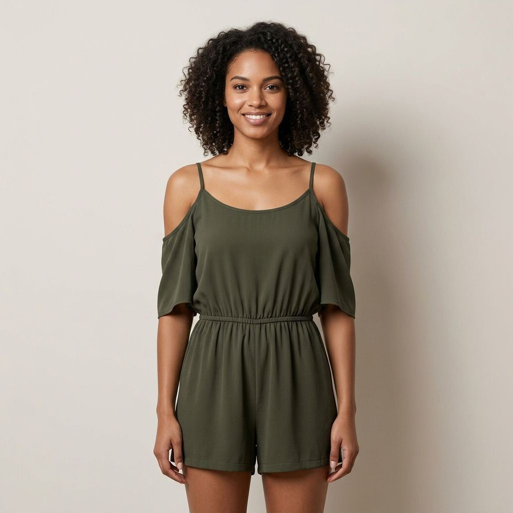 Digital Sewing Pattern for Women's Summer Cold Shoulder Romper - Spaghetti Strap Flutter Sleeve Style