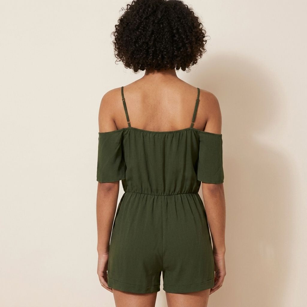 Digital Sewing Pattern for Women's Summer Cold Shoulder Romper - Spaghetti Strap Flutter Sleeve Style