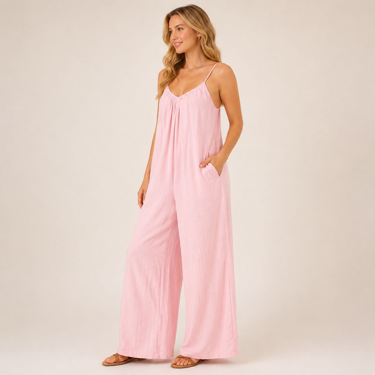 Digital Sewing Pattern for Women's Summer Spaghetti Strap Wide Leg Jumpsuit - Gathered V-Neck Style