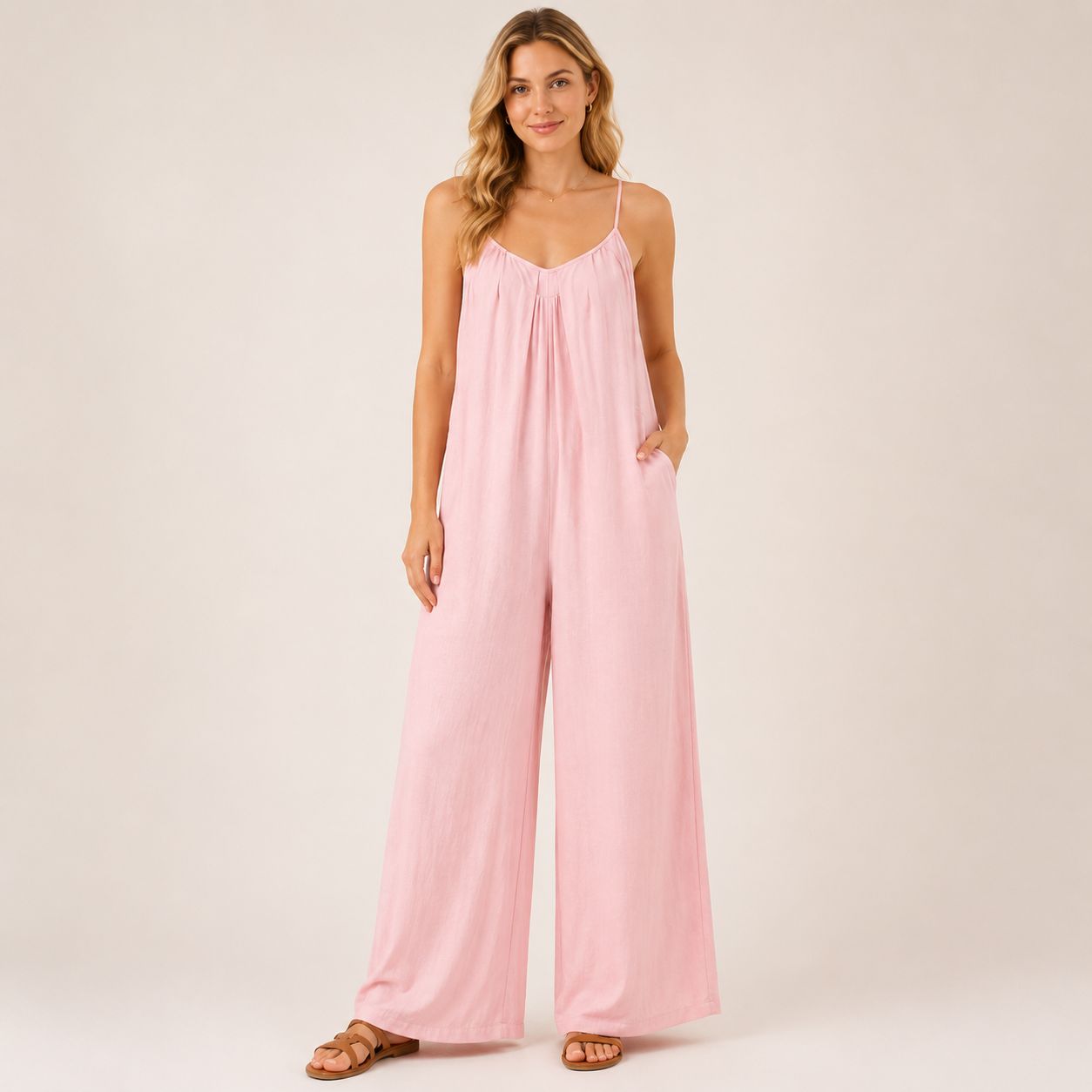 Digital Sewing Pattern for Women's Summer Spaghetti Strap Wide Leg Jumpsuit - Gathered V-Neck Style