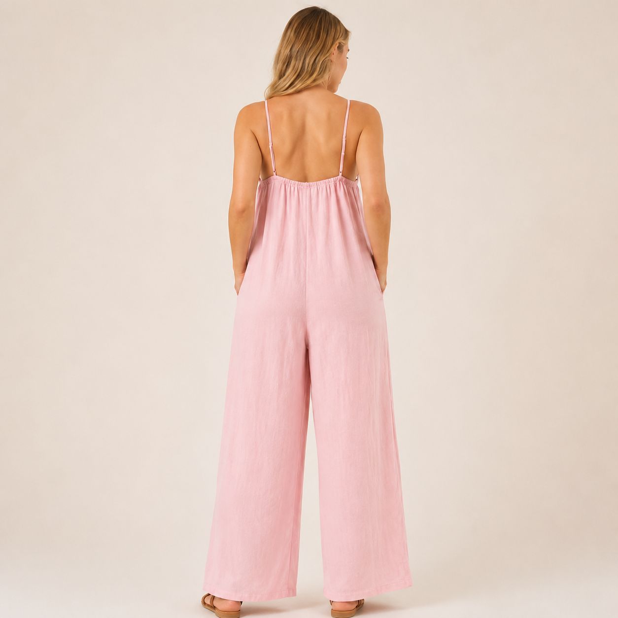 Digital Sewing Pattern for Women's Summer Spaghetti Strap Wide Leg Jumpsuit - Gathered V-Neck Style