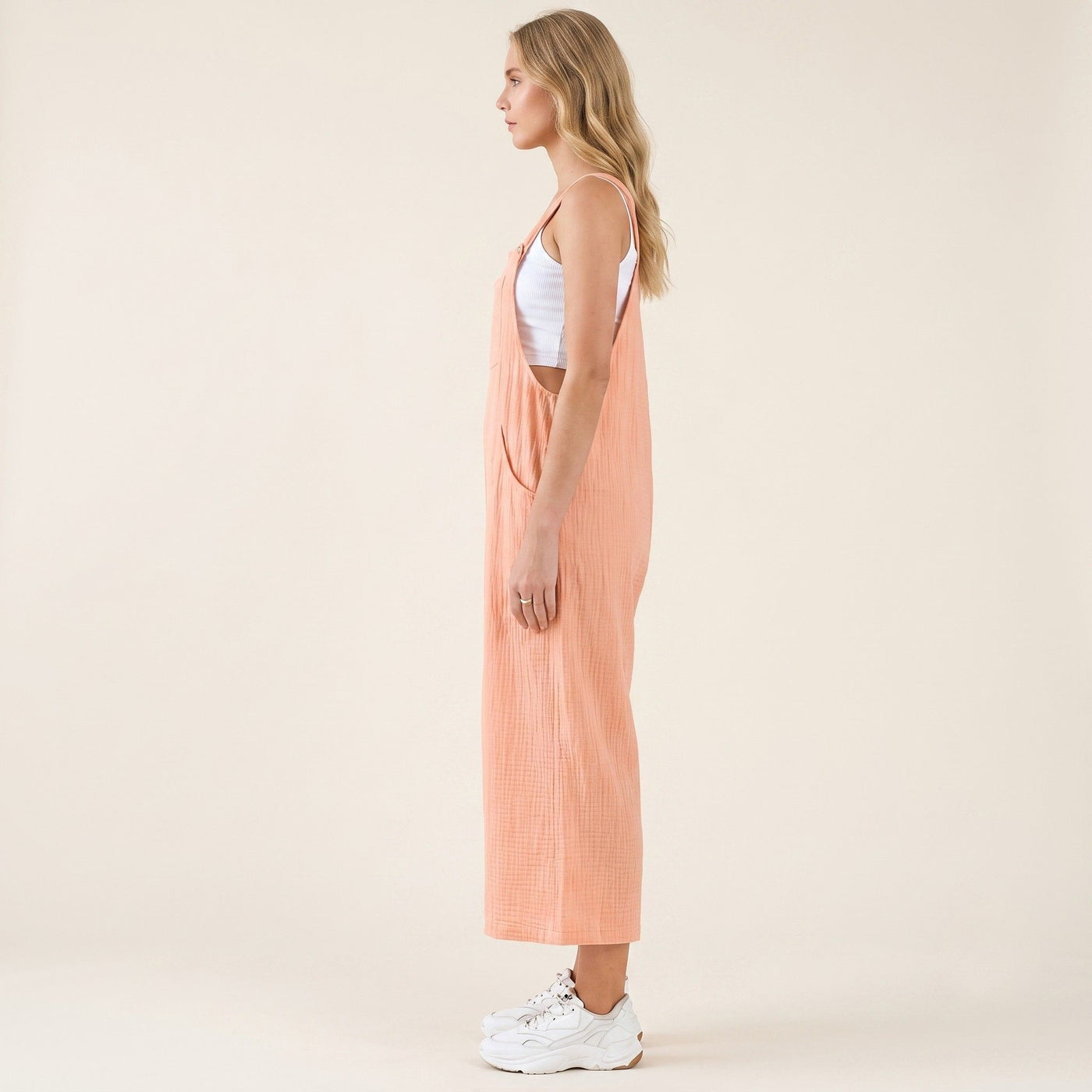 Digital Sewing Pattern for Women's Summer Textured Cotton Wide Leg Overalls - Button Strap Culotte Style