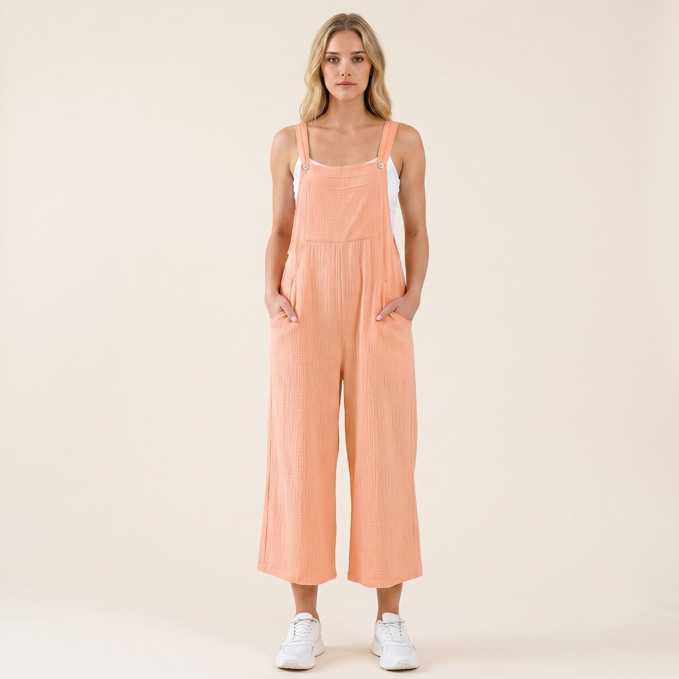 Digital Sewing Pattern for Women's Summer Textured Cotton Wide Leg Overalls - Button Strap Culotte Style