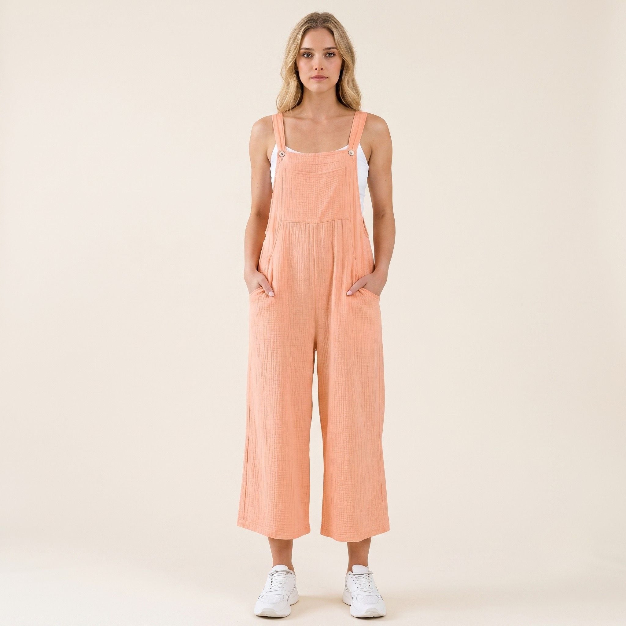 Digital Sewing Pattern for Women's Summer Textured Cotton Wide Leg Overalls - Button Strap Culotte Style