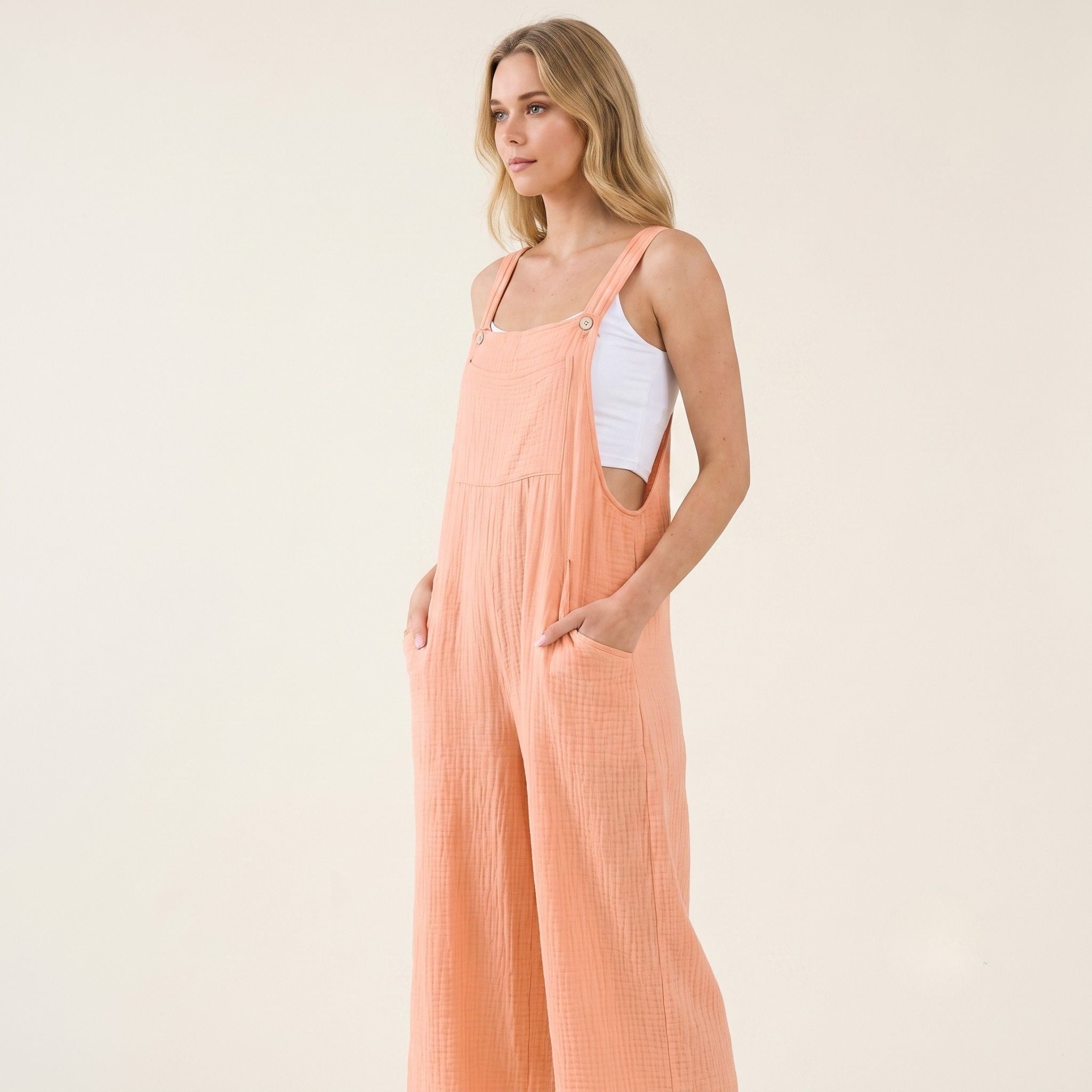 Digital Sewing Pattern for Women's Summer Textured Cotton Wide Leg Overalls - Button Strap Culotte Style