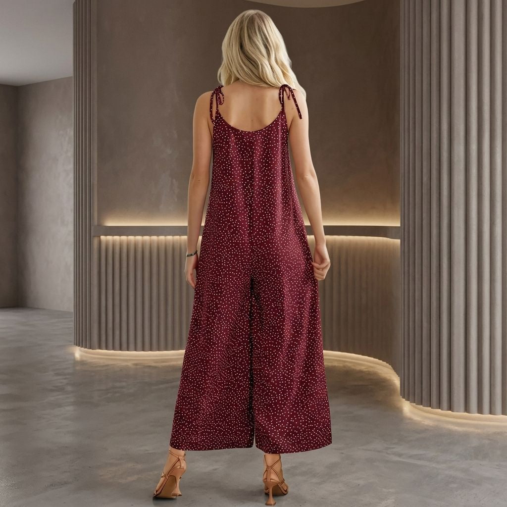 Digital Sewing Pattern for Women's Polka Dot Wide Leg Jumpsuit - Tie Strap Scoop Neck Culotte Style
