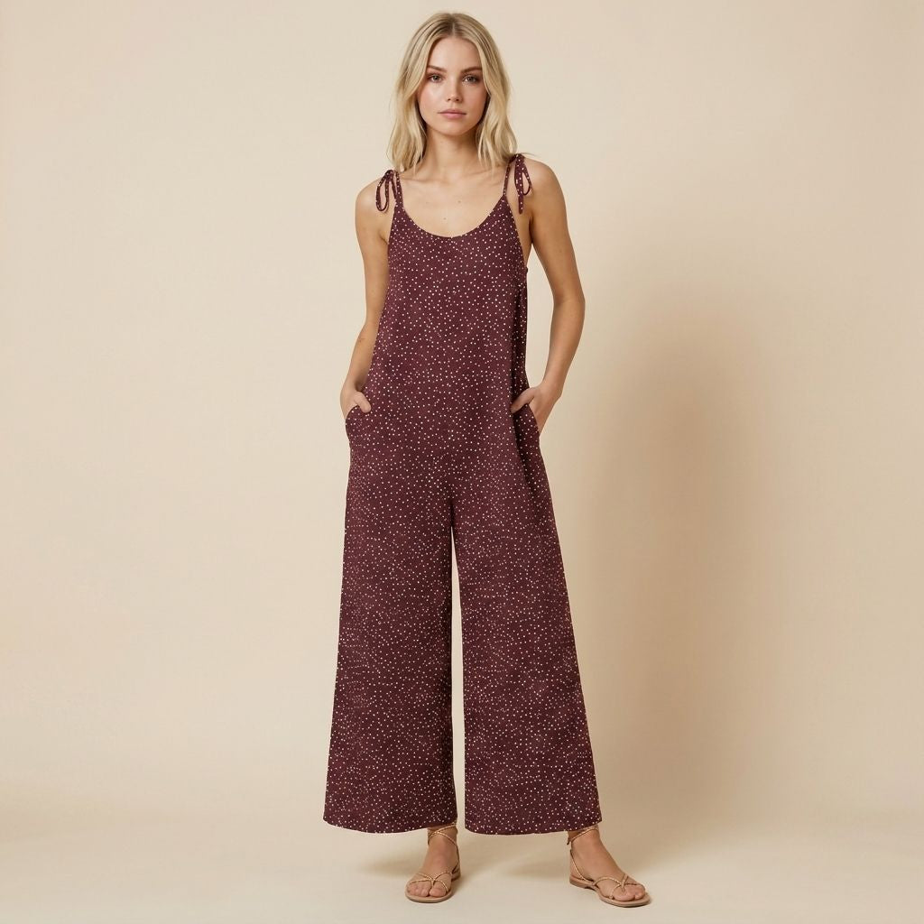 Digital Sewing Pattern for Women's Polka Dot Wide Leg Jumpsuit - Tie Strap Scoop Neck Culotte Style