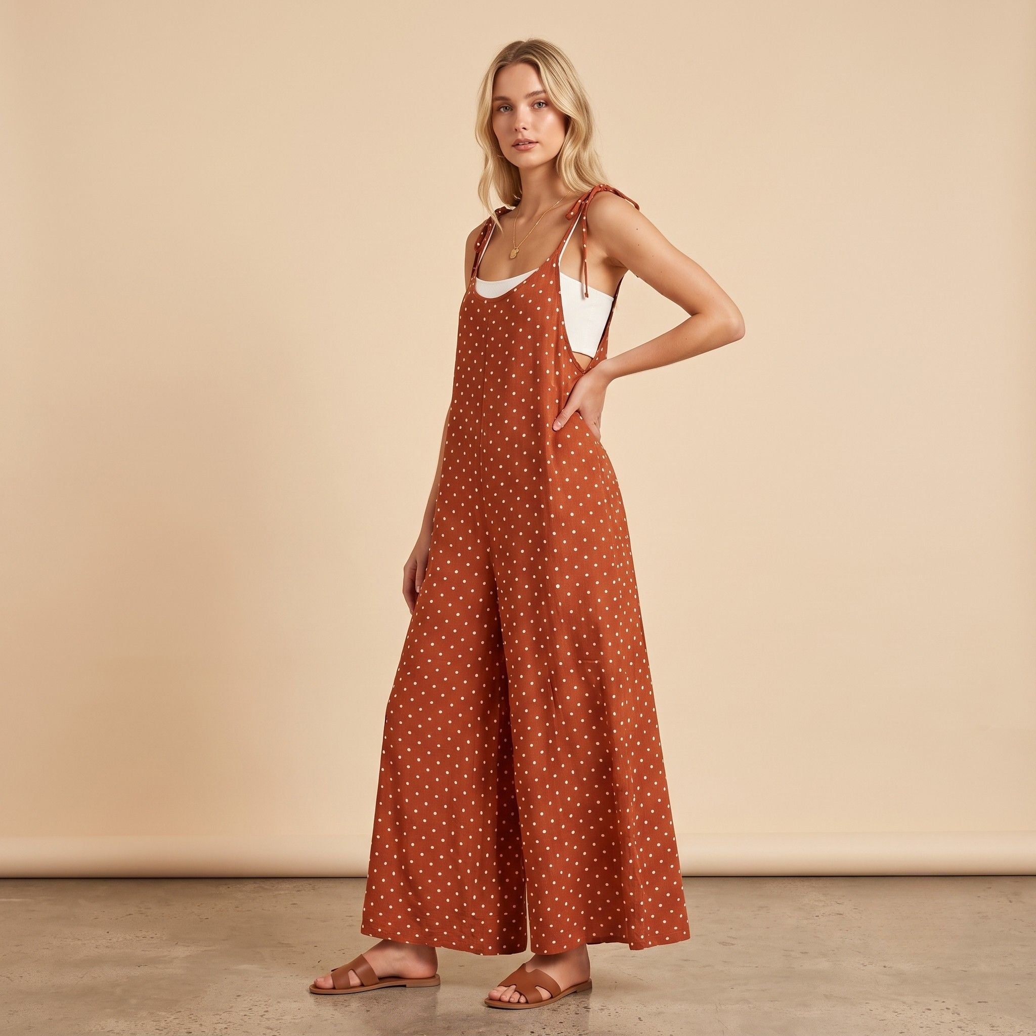 Digital Sewing Pattern for Women's Rust Polka Dot Wide Leg Jumpsuit - Tie Strap Full Length Style