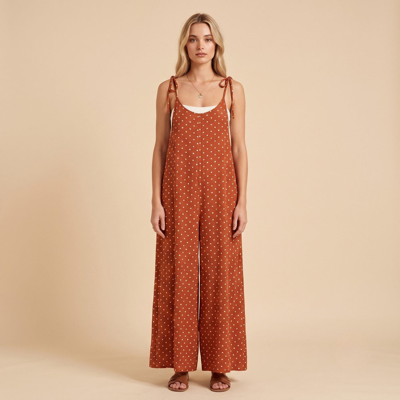 Digital Sewing Pattern for Women's Rust Polka Dot Wide Leg Jumpsuit - Tie Strap Full Length Style