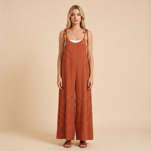Digital Sewing Pattern for Women's Rust Polka Dot Wide Leg Jumpsuit - Tie Strap Full Length Style