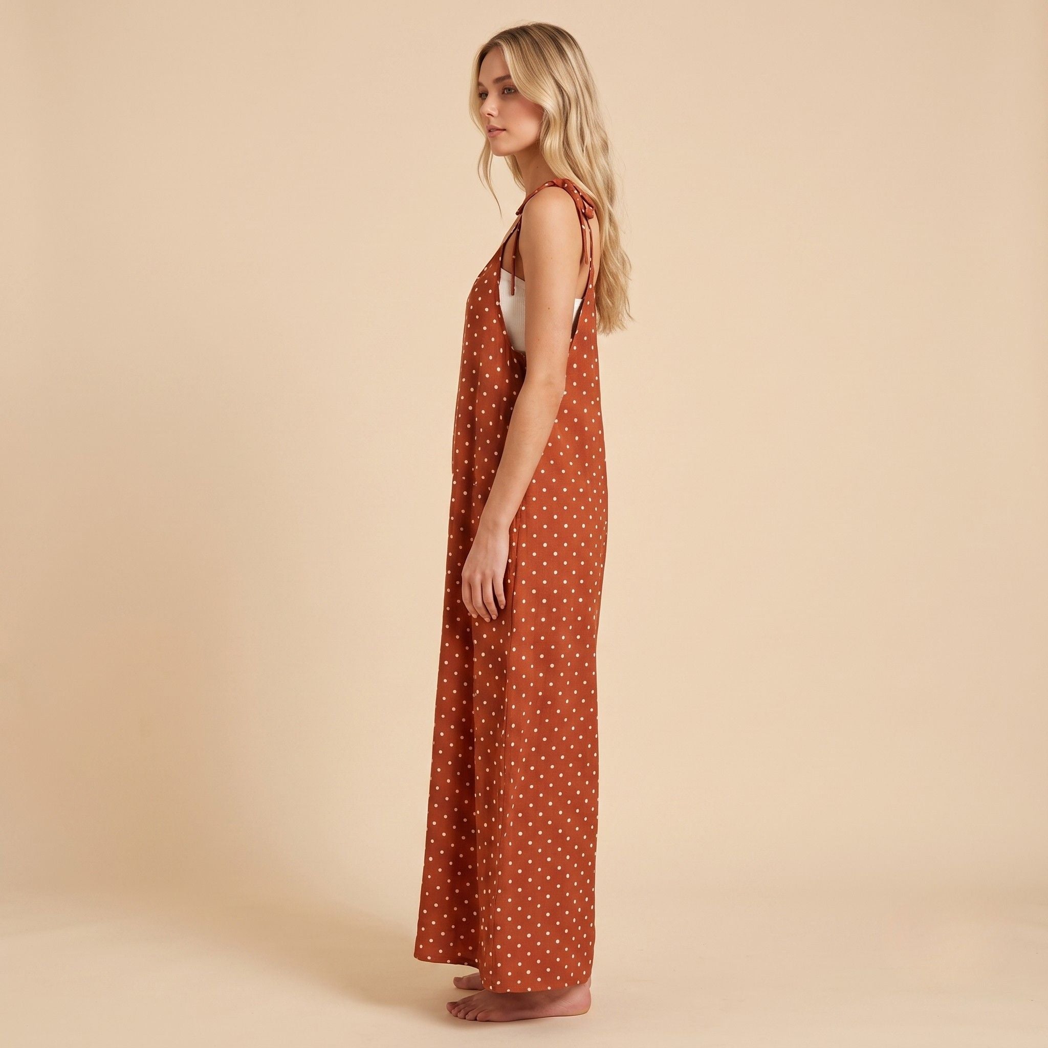 Digital Sewing Pattern for Women's Rust Polka Dot Wide Leg Jumpsuit - Tie Strap Full Length Style