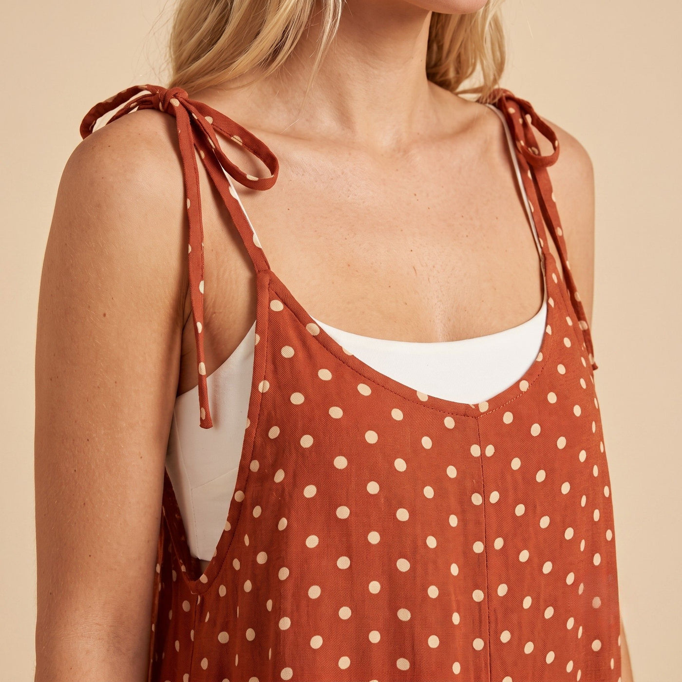 Digital Sewing Pattern for Women's Rust Polka Dot Wide Leg Jumpsuit - Tie Strap Full Length Style