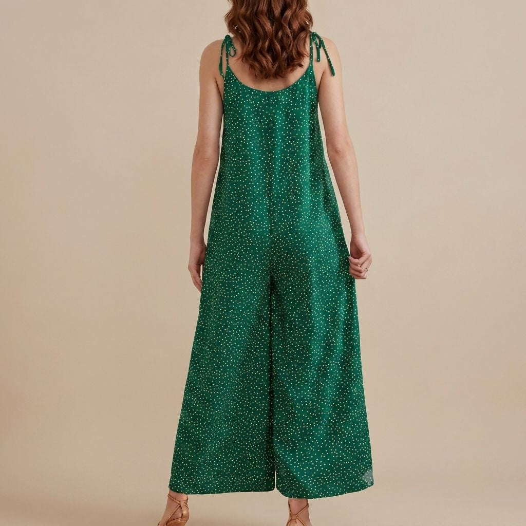 Digital Sewing Pattern for Women's Rust Polka Dot Wide Leg Jumpsuit - Tie Strap Full Length Style