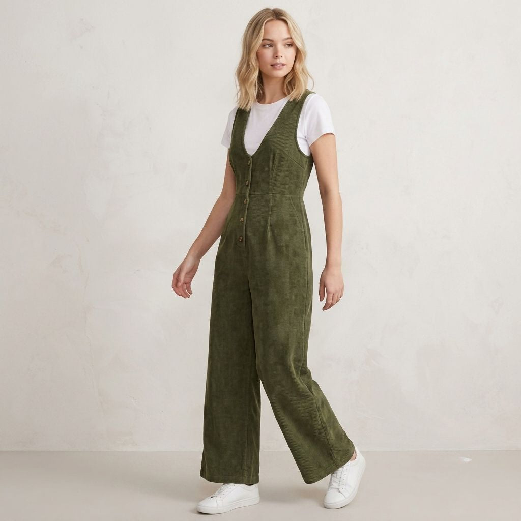 Digital Sewing Pattern for Women's Winter Corduroy V-Neck Jumpsuit - Button Front Fitted Waist Style