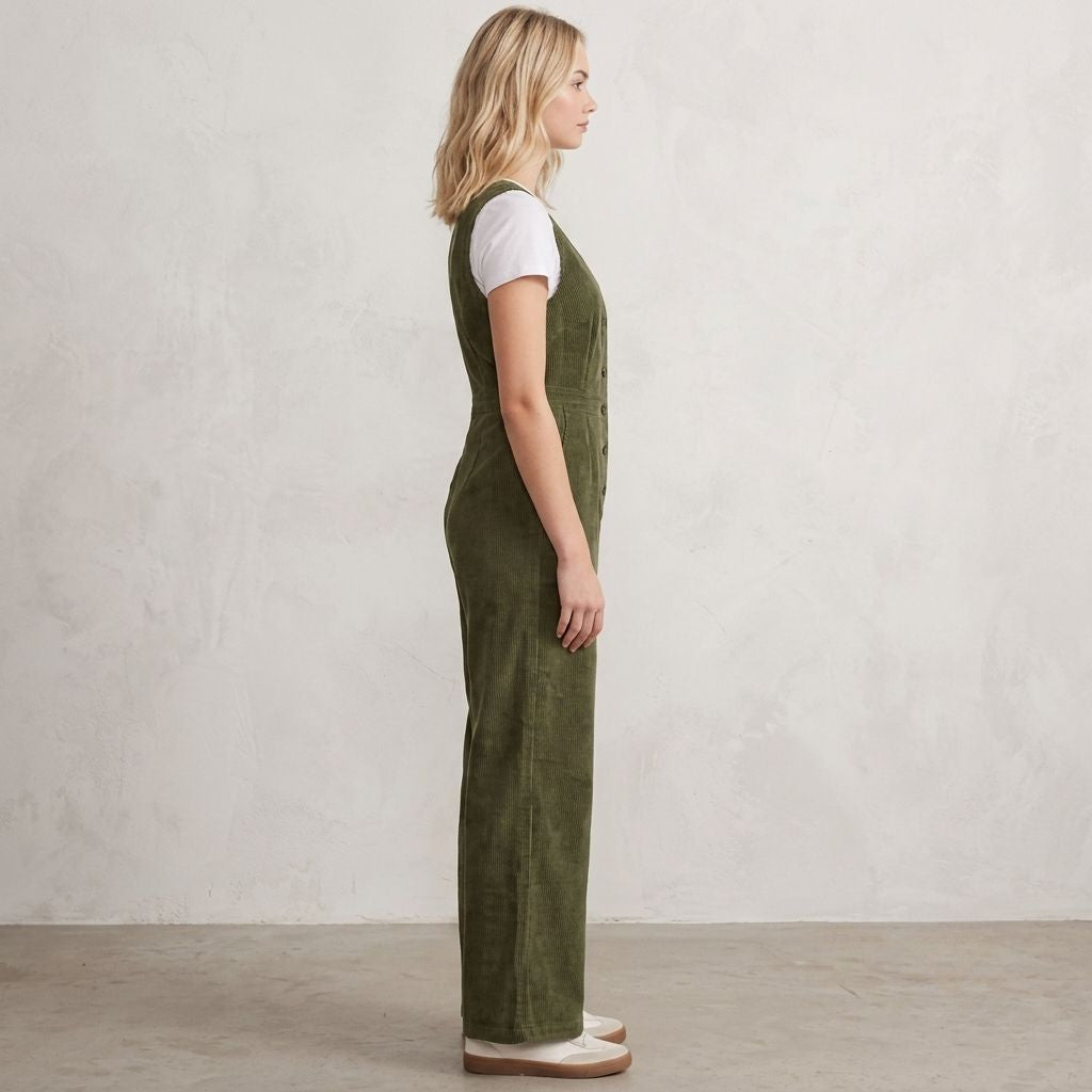 Digital Sewing Pattern for Women's Winter Corduroy V-Neck Jumpsuit - Button Front Fitted Waist Style