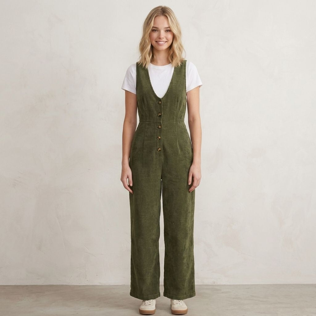 Digital Sewing Pattern for Women's Winter Corduroy V-Neck Jumpsuit - Button Front Fitted Waist Style