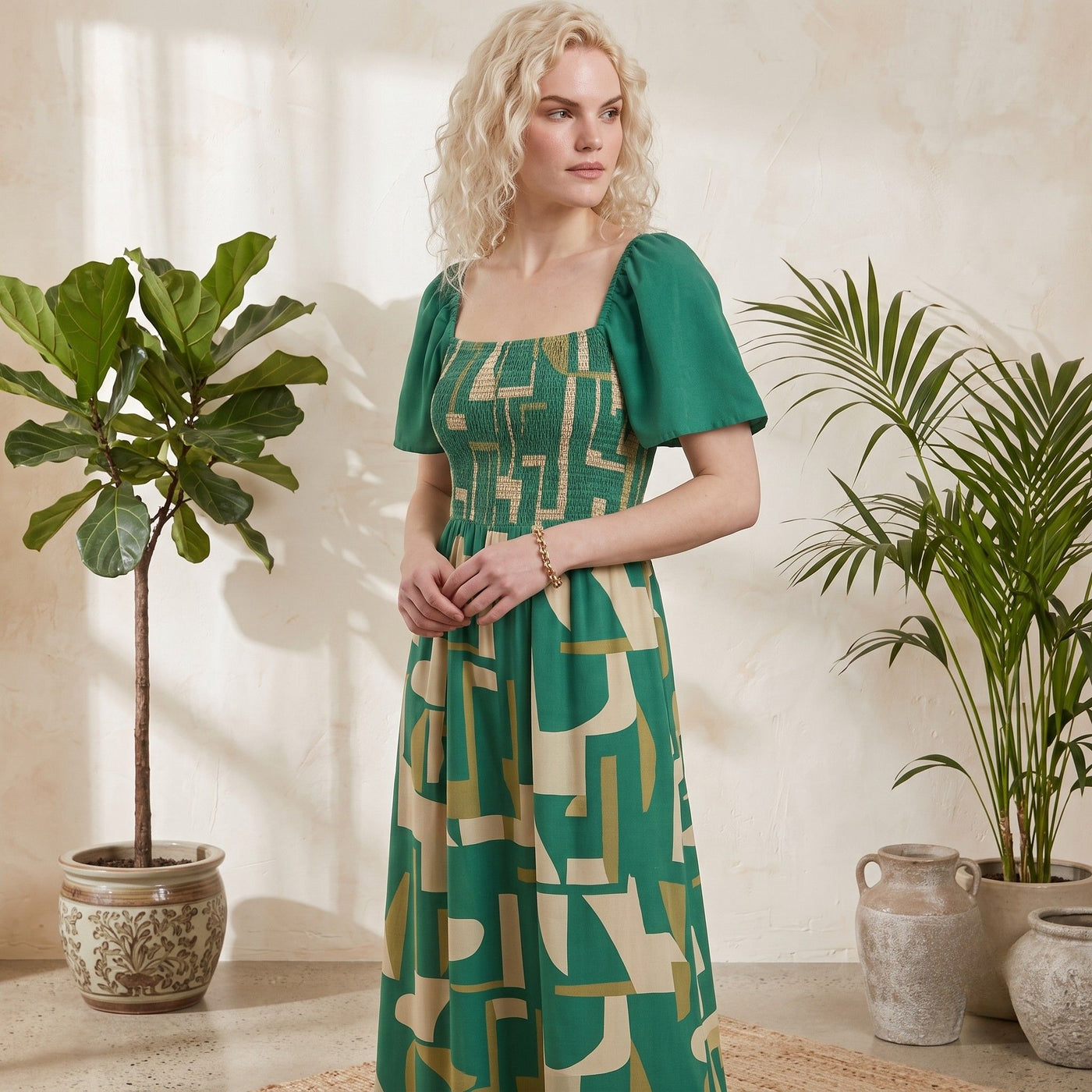 Digital Sewing Pattern for Women's Summer Smocked Puff Sleeve Jumpsuit - Square Neck Wide Leg Style