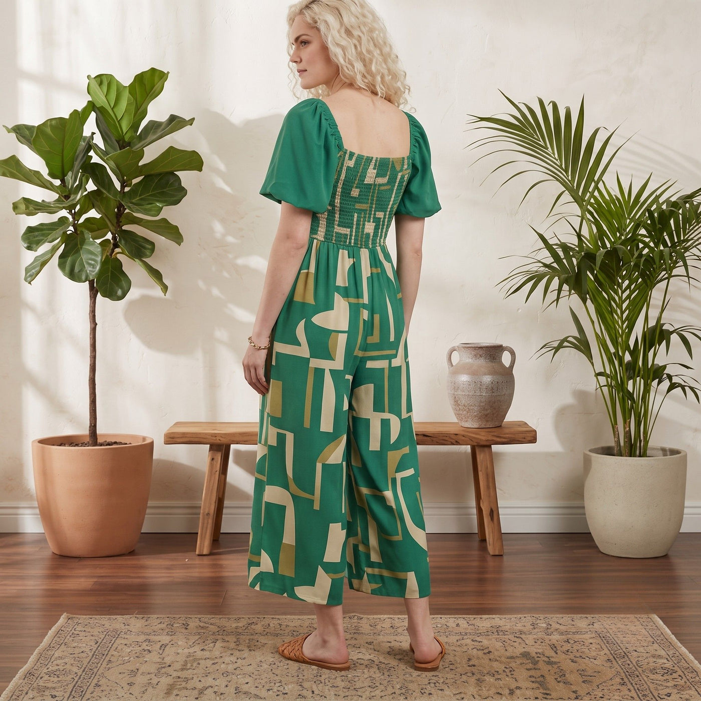 Digital Sewing Pattern for Women's Summer Smocked Puff Sleeve Jumpsuit - Square Neck Wide Leg Style