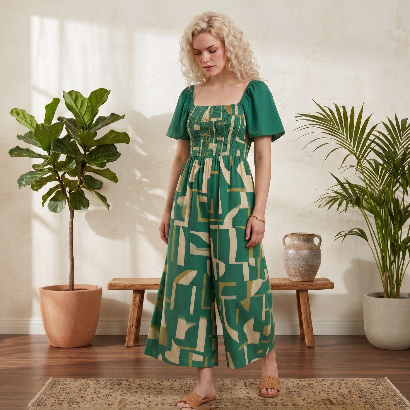Digital Sewing Pattern for Women's Summer Smocked Puff Sleeve Jumpsuit - Square Neck Wide Leg Style