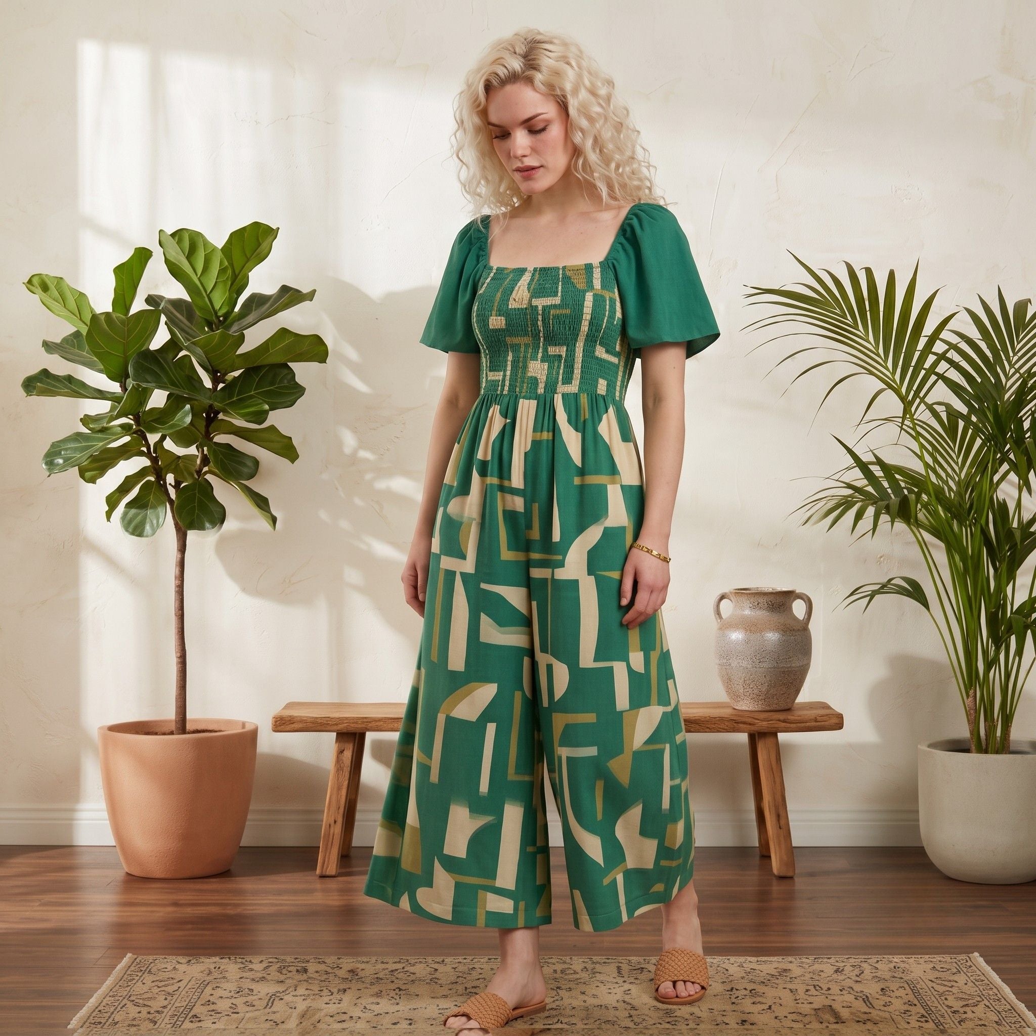 Digital Sewing Pattern for Women's Summer Smocked Puff Sleeve Jumpsuit - Square Neck Wide Leg Style