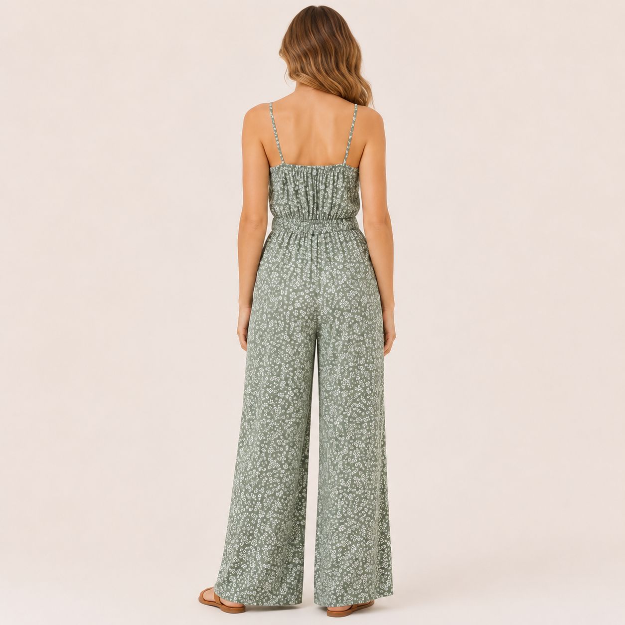 Digital Sewing Pattern for Women's Summer Floral Wide Leg Jumpsuit - Spaghetti Strap Tie Waist Style