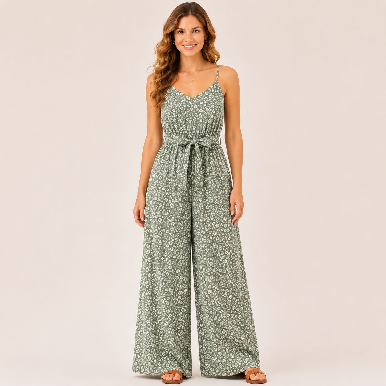 Digital Sewing Pattern for Women's Summer Floral Wide Leg Jumpsuit - Spaghetti Strap Tie Waist Style