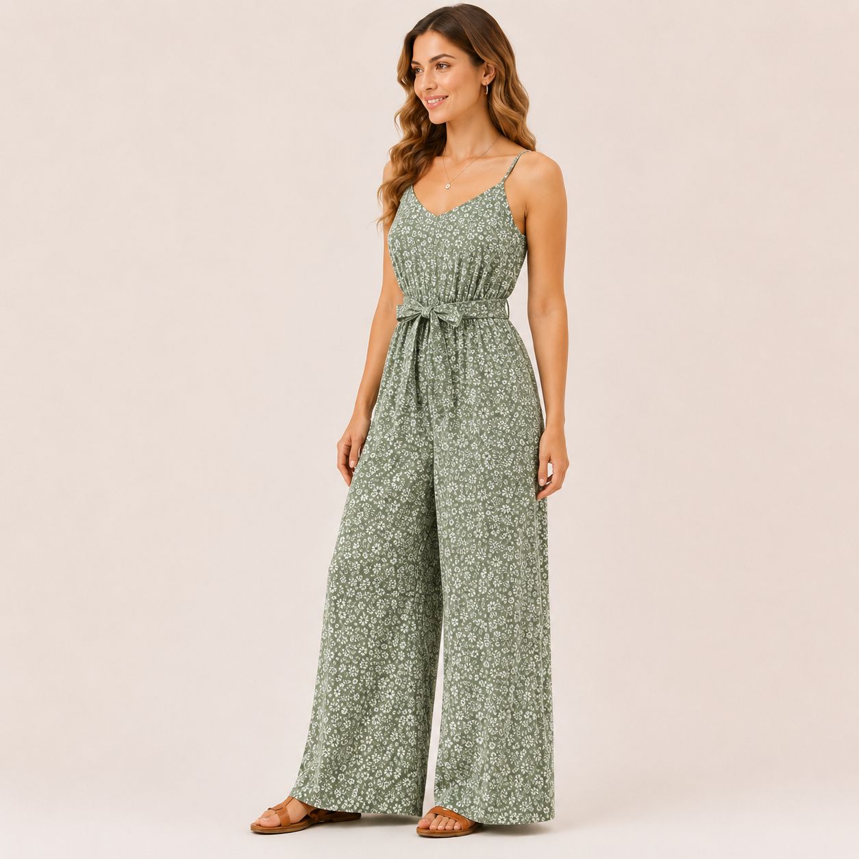 Digital Sewing Pattern for Women's Summer Floral Wide Leg Jumpsuit - Spaghetti Strap Tie Waist Style