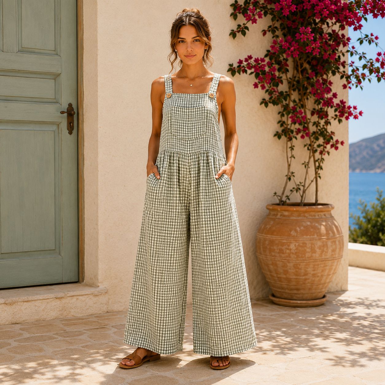 Digital Sewing Pattern for Women's Wide-Leg Gingham Jumpsuit - Square Neck Overall Romper Style