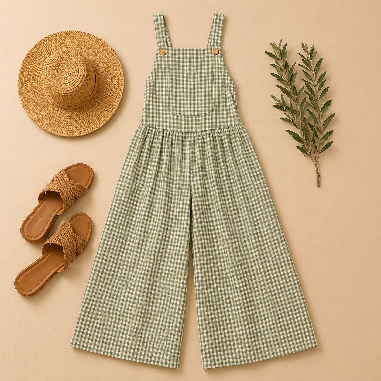 Digital Sewing Pattern for Women's Wide-Leg Gingham Jumpsuit - Square Neck Overall Romper Style